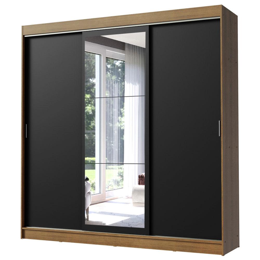 Guarda-Roupa Casal Madesa Istambul 3 Portas de Correr com Espelho 3 Gavetas - Rustic/Preto
