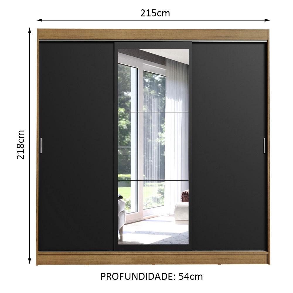 Guarda-Roupa Casal Madesa Istambul 3 Portas de Correr com Espelho 3 Gavetas - Rustic/Preto