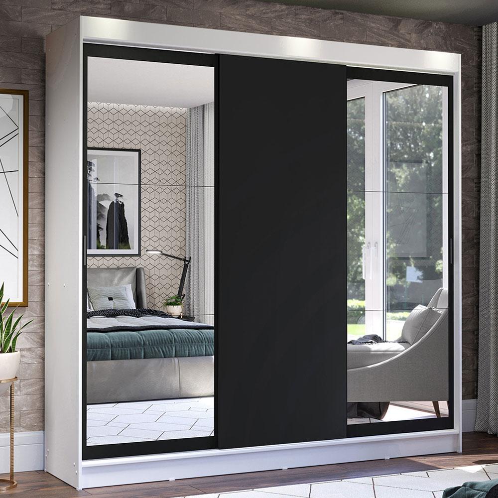 Guarda-Roupa Casal Madesa Istambul 3 Portas de Correr com Espelhos 3 Gavetas - Branco/Preto