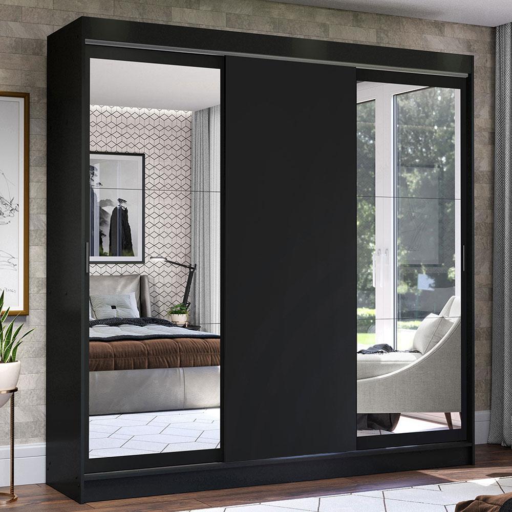 Guarda-Roupa Casal Madesa Istambul 3 Portas de Correr com Espelhos 3 Gavetas - Preto