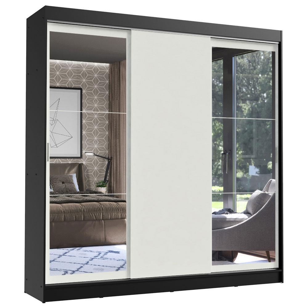 Guarda-Roupa Casal Madesa Istambul 3 Portas de Correr com Espelhos 3 Gavetas - Preto/Branco