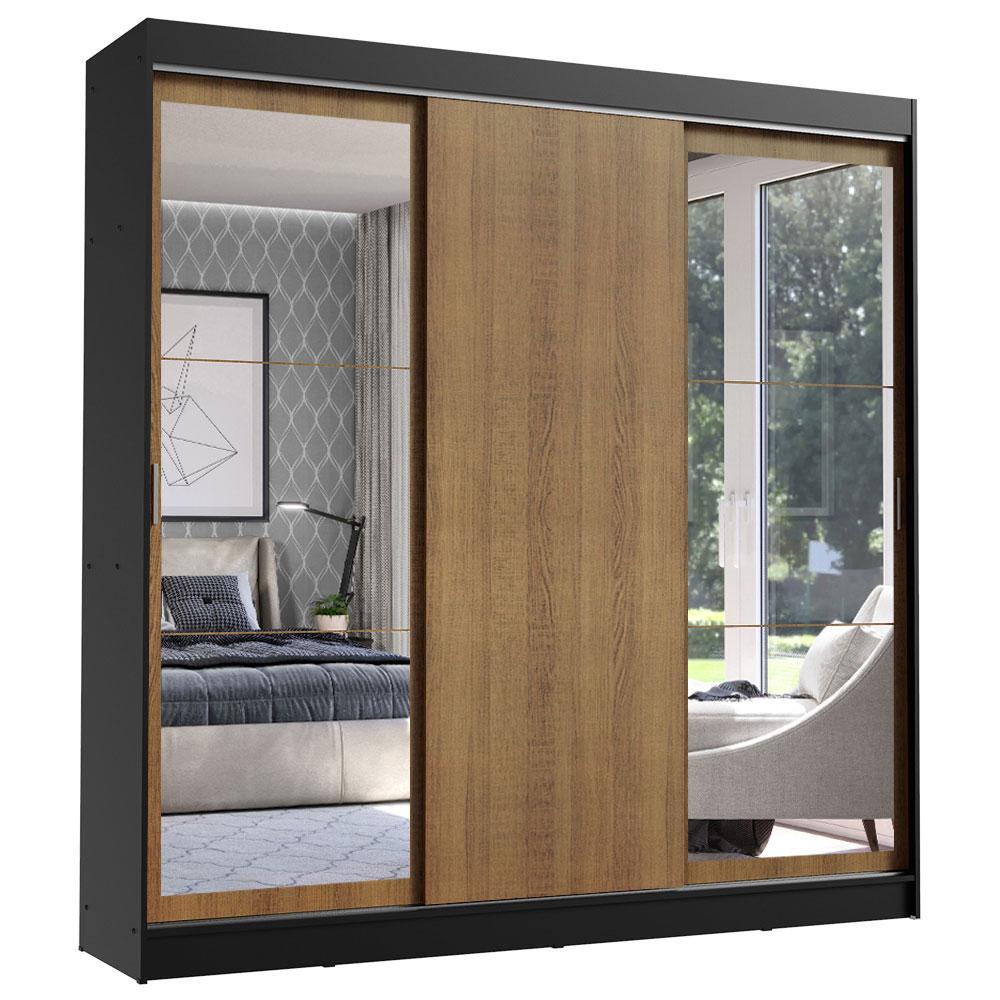 Guarda-Roupa Casal Madesa Istambul 3 Portas de Correr com Espelhos 3 Gavetas - Preto/Rustic