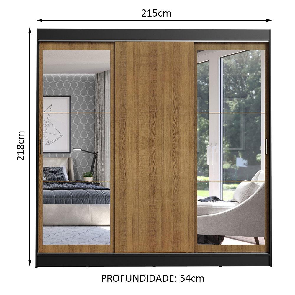 Guarda-Roupa Casal Madesa Istambul 3 Portas de Correr com Espelhos 3 Gavetas - Preto/Rustic