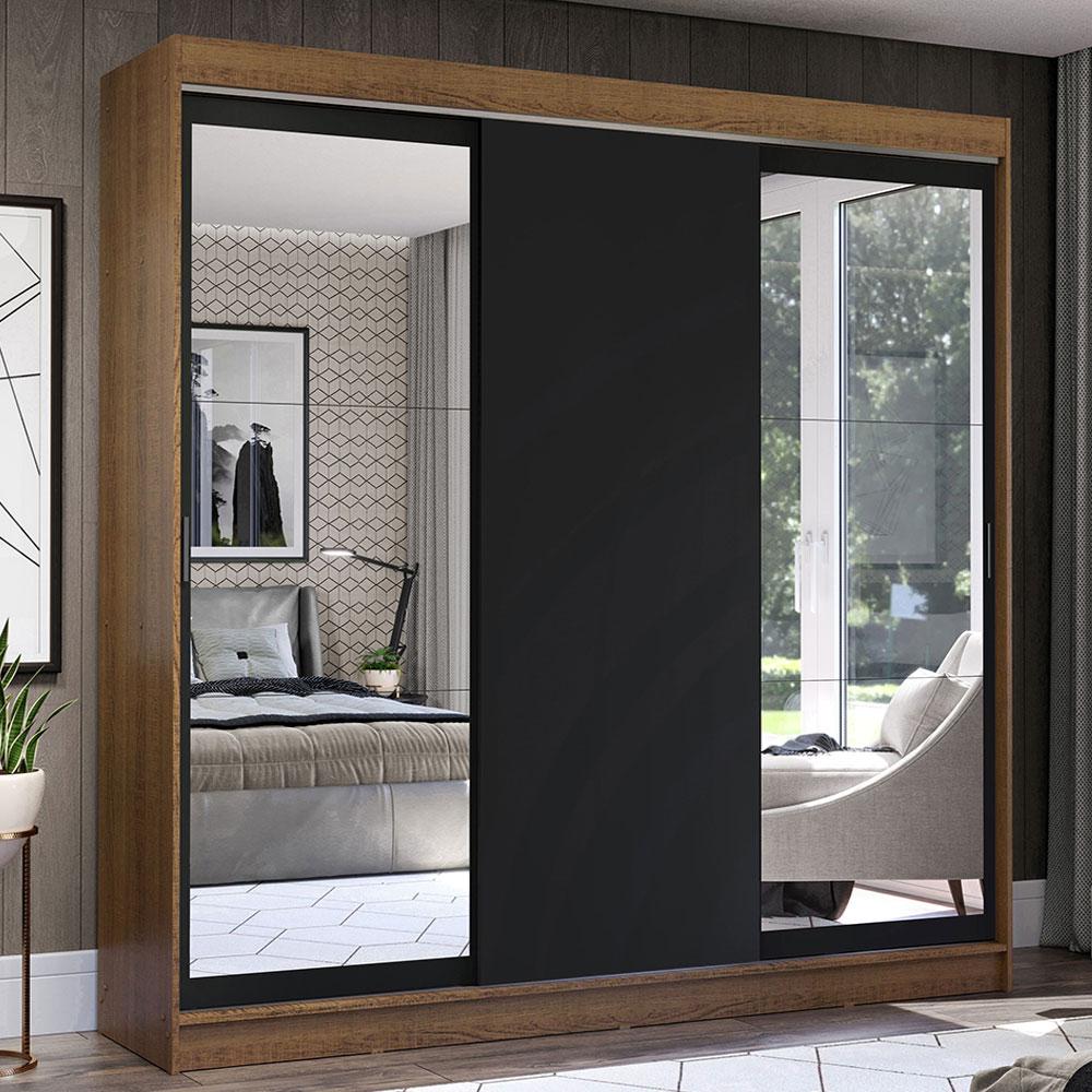 Guarda-Roupa Casal Madesa Istambul 3 Portas de Correr com Espelhos 3 Gavetas - Rustic/Preto