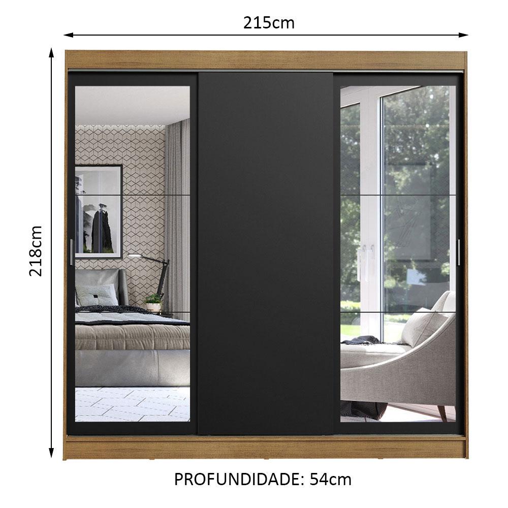 Guarda-Roupa Casal Madesa Istambul 3 Portas de Correr com Espelhos 3 Gavetas - Rustic/Preto