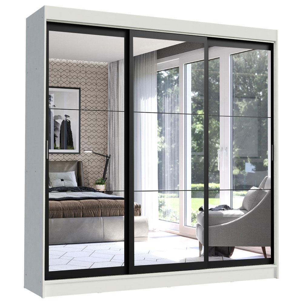Guarda-Roupa Casal Madesa Istambul 3 Portas de Correr de Espelho 3 Gavetas - Branco/Preto