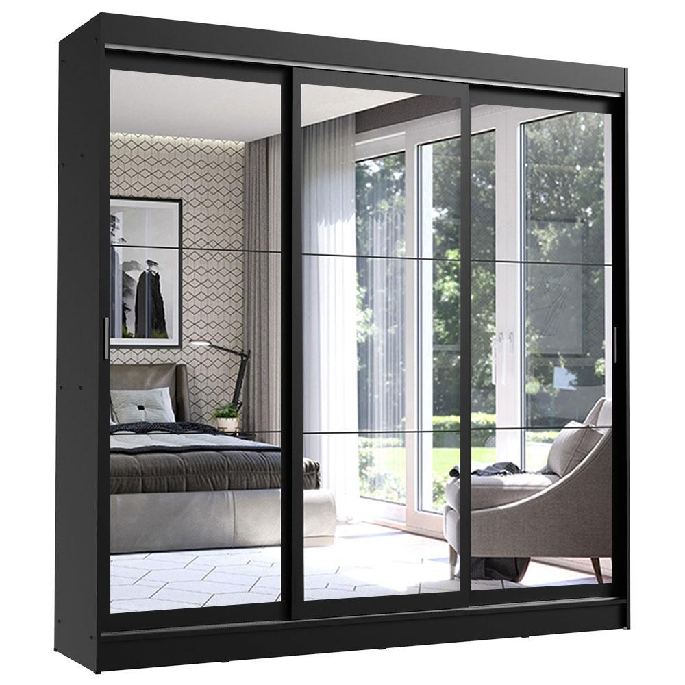 Guarda-Roupa Casal Madesa Istambul 3 Portas de Correr de Espelho 3 Gavetas - Preto