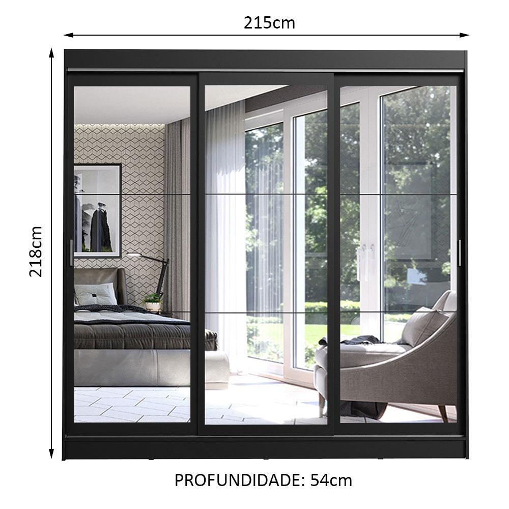 Guarda-Roupa Casal Madesa Istambul 3 Portas de Correr de Espelho 3 Gavetas - Preto
