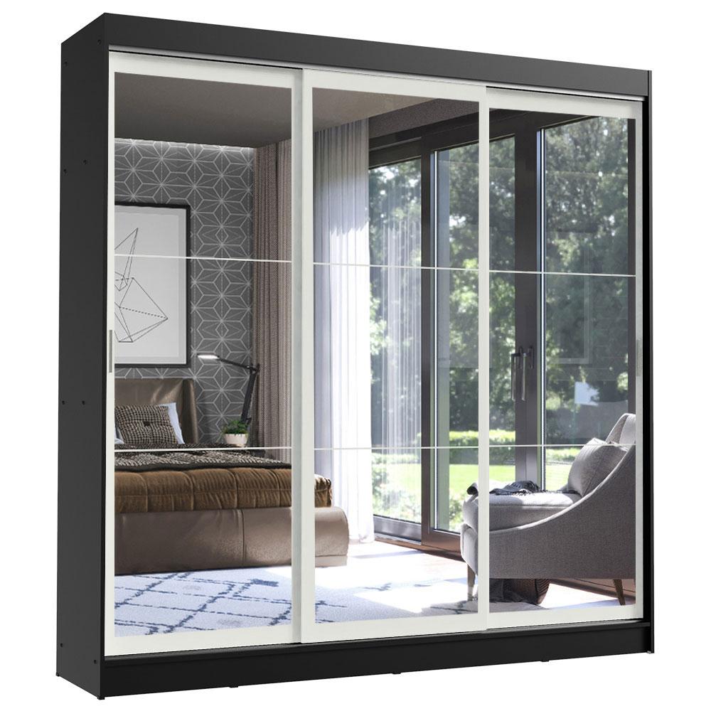 Guarda-Roupa Casal Madesa Istambul 3 Portas de Correr de Espelho 3 Gavetas - Preto/Branco