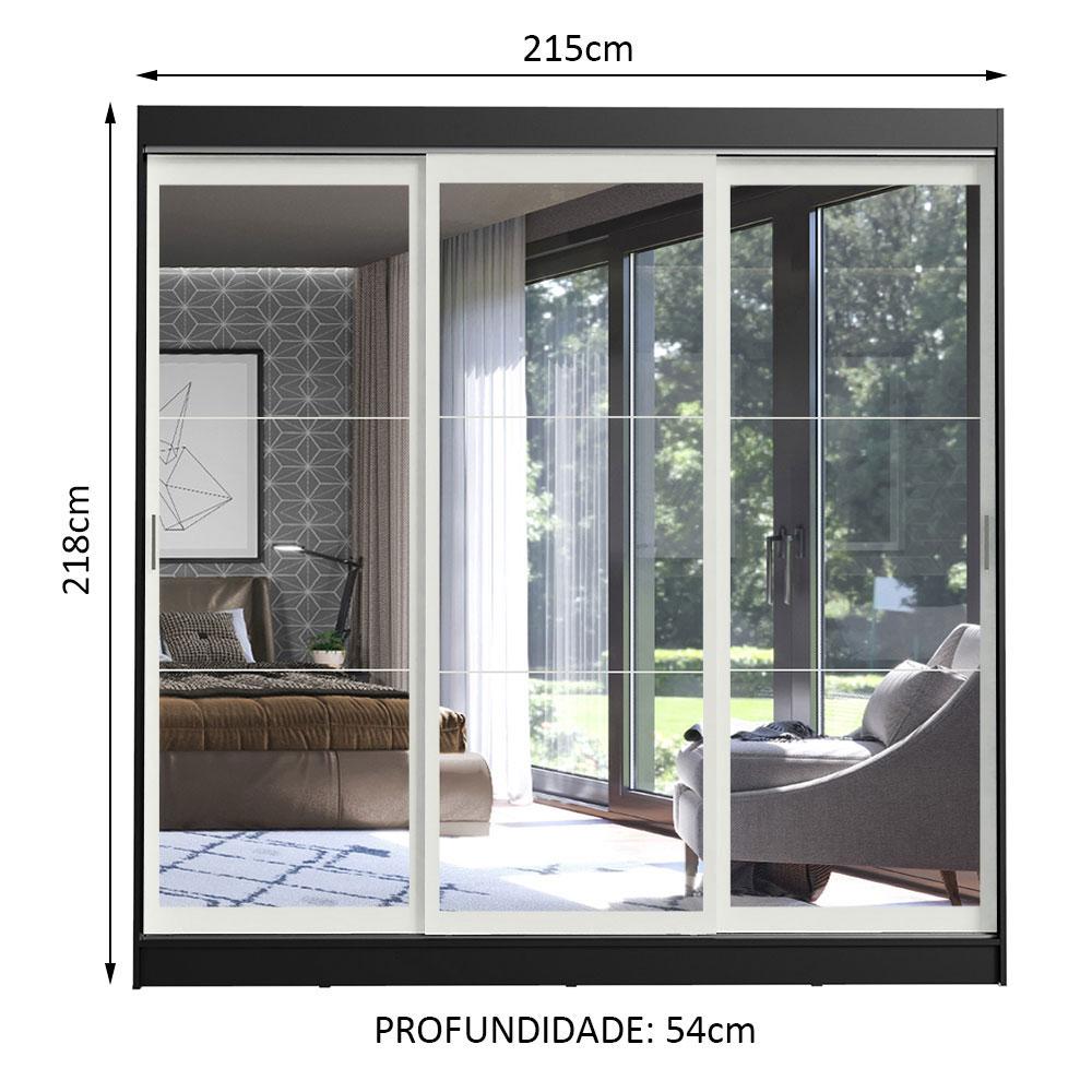 Guarda-Roupa Casal Madesa Istambul 3 Portas de Correr de Espelho 3 Gavetas - Preto/Branco