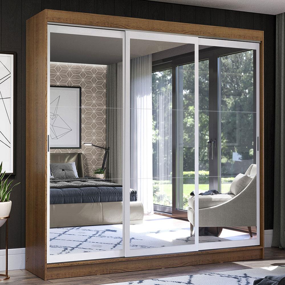 Guarda-Roupa Casal Madesa Istambul 3 Portas de Correr de Espelho 3 Gavetas - Rustic/Branco
