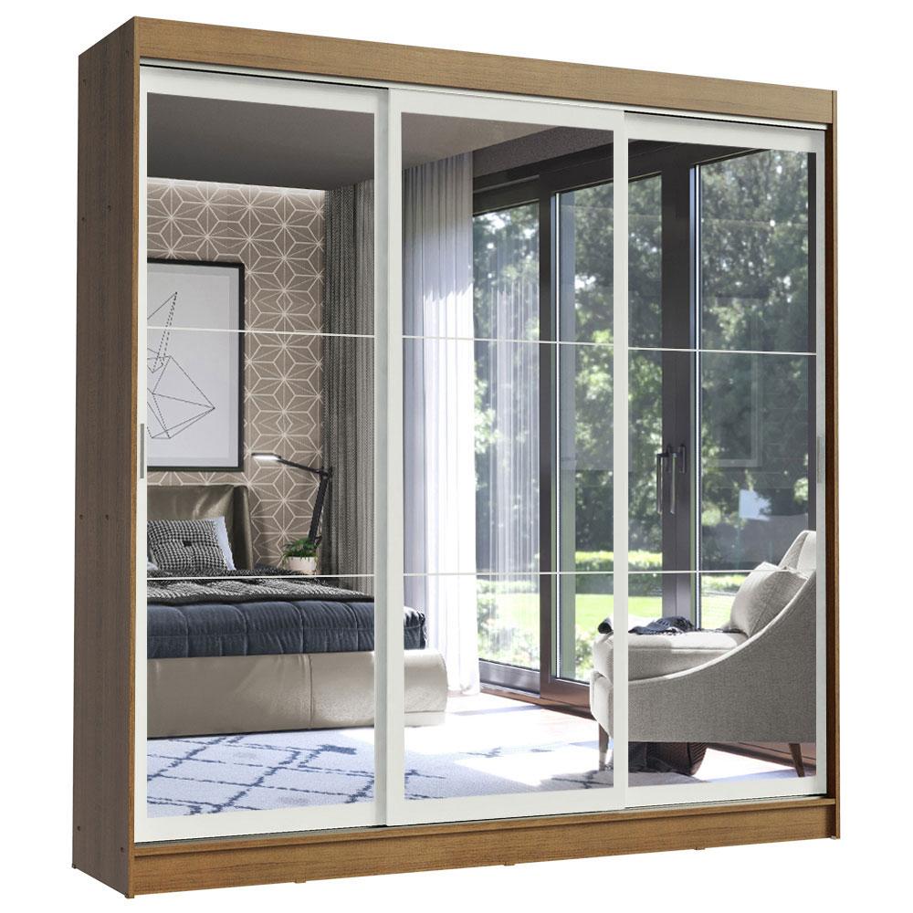 Guarda-Roupa Casal Madesa Istambul 3 Portas de Correr de Espelho 3 Gavetas - Rustic/Branco