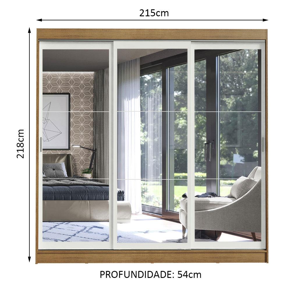 Guarda-Roupa Casal Madesa Istambul 3 Portas de Correr de Espelho 3 Gavetas - Rustic/Branco