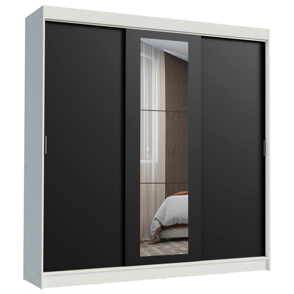 Guarda-Roupa Casal Madesa Kansas 3 Portas de Correr com Espelho 3 Gavetas - Branco/Preto