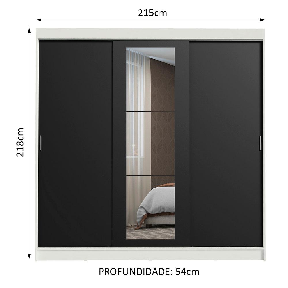 Guarda-Roupa Casal Madesa Kansas 3 Portas de Correr com Espelho 3 Gavetas - Branco/Preto