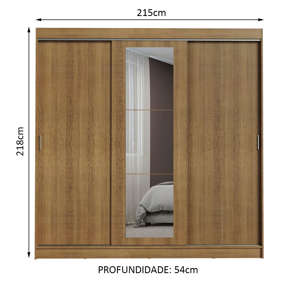 Guarda-Roupa Casal Madesa Kansas 3 Portas de Correr com Espelho 3 Gavetas - Rustic