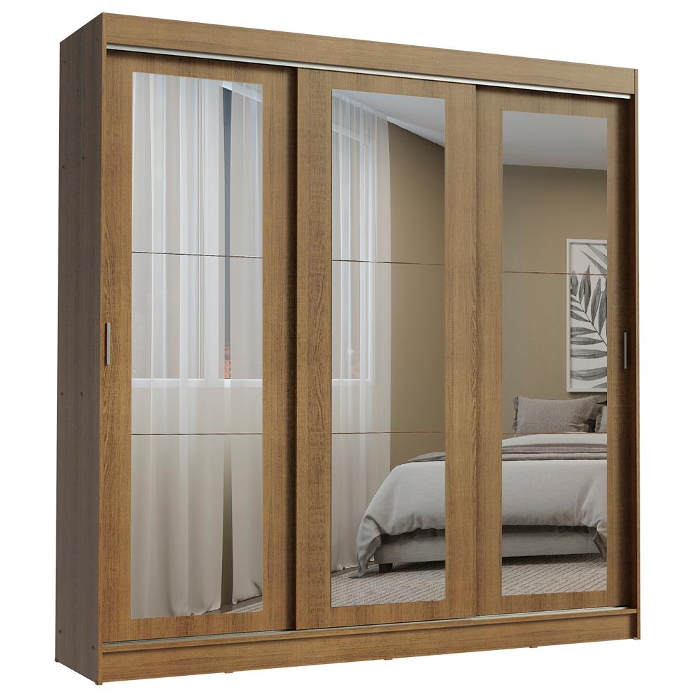 Guarda-Roupa Casal Madesa Kansas 3 Portas de Correr de Espelho 3 Gavetas