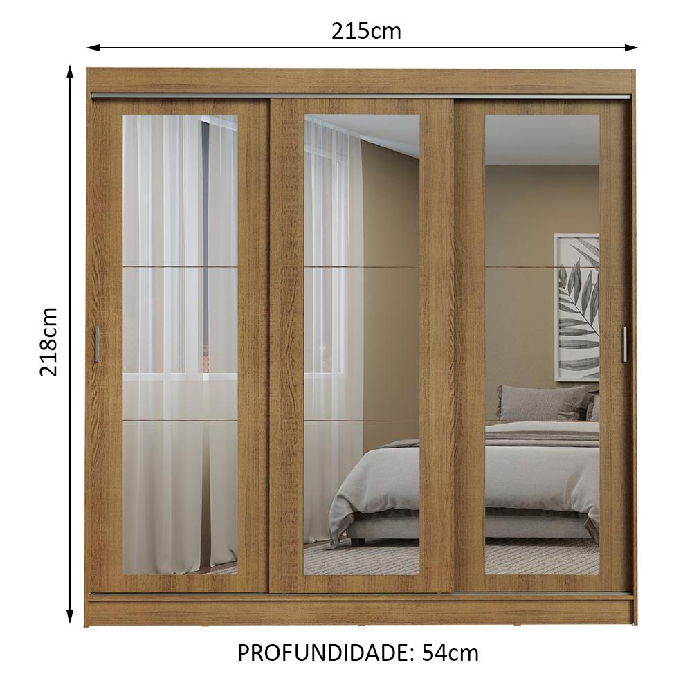 Guarda-Roupa Casal Madesa Kansas 3 Portas de Correr de Espelho 3 Gavetas