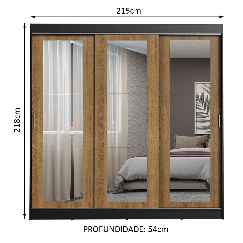 Guarda-Roupa Casal Madesa Kansas 3 Portas de Correr de Espelho 3 Gavetas