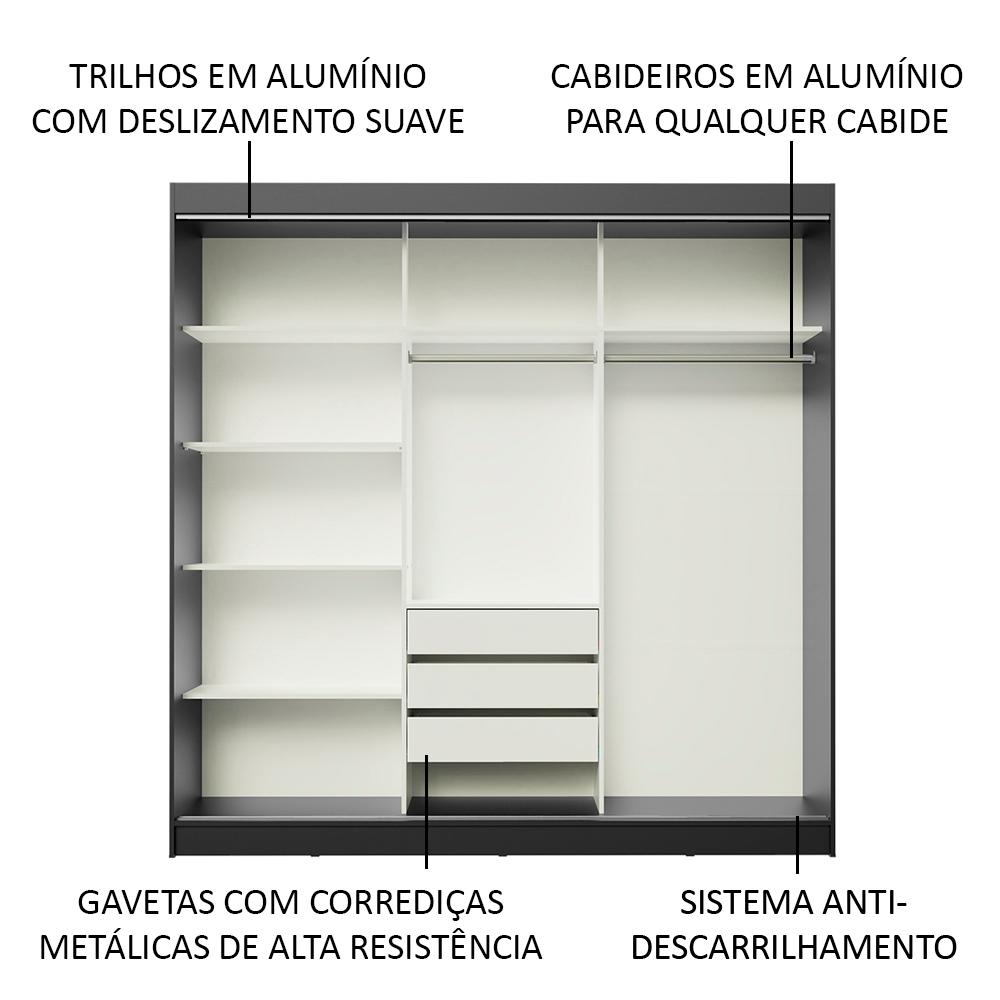 Guarda-Roupa Casal Madesa Kansas 3 Portas de Correr de Espelho 3 Gavetas