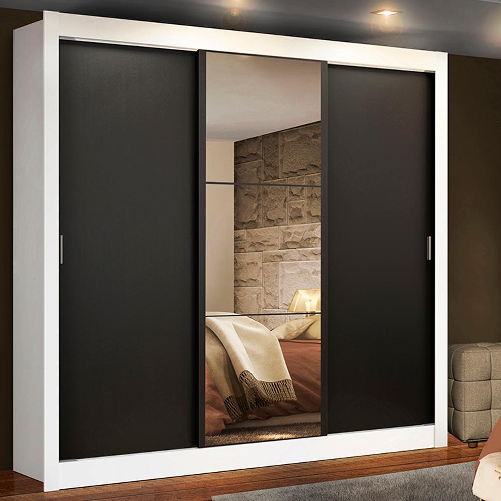 Guarda Roupa Casal Madesa Lyon 3 Portas de Correr com Espelho 2 Gavetas - Branco/Preto