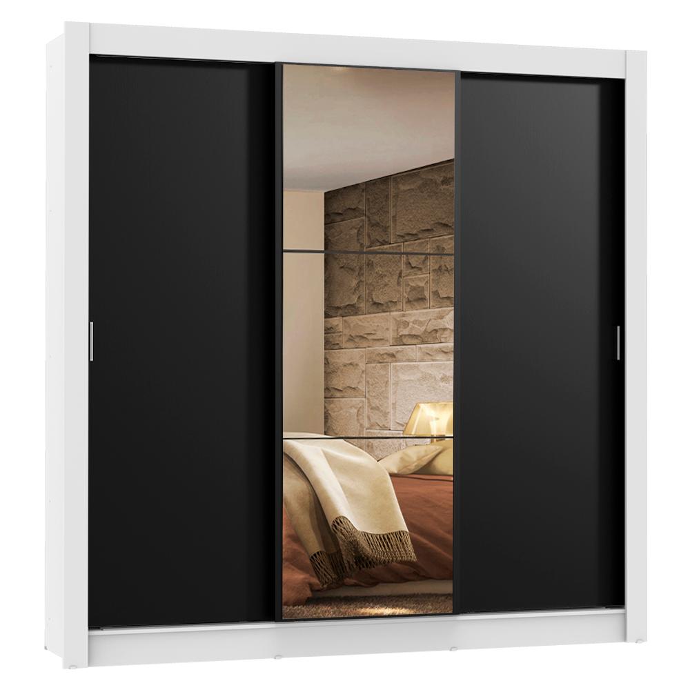 Guarda Roupa Casal Madesa Lyon 3 Portas de Correr com Espelho 2 Gavetas - Branco/Preto