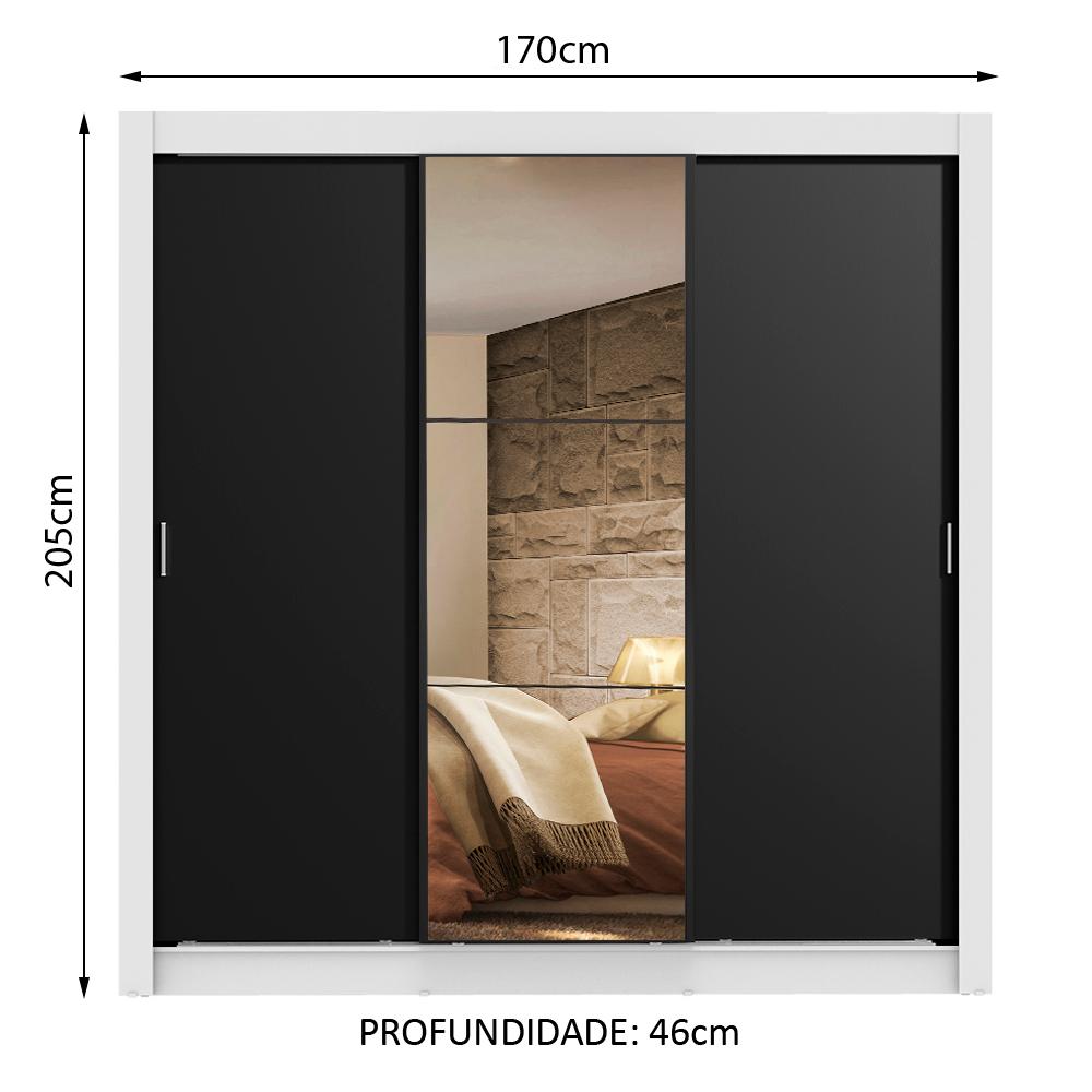 Guarda Roupa Casal Madesa Lyon 3 Portas de Correr com Espelho 2 Gavetas - Branco/Preto