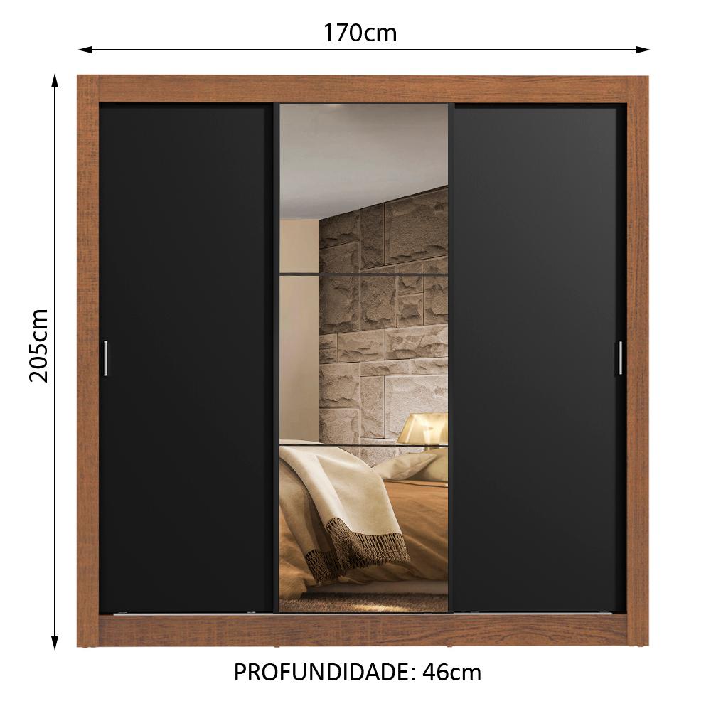Guarda Roupa Casal Madesa Lyon 3 Portas de Correr com Espelho 2 Gavetas - Rustic/Preto