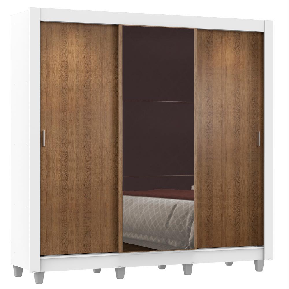 Guarda Roupa Casal Madesa Lyon 3 Portas de Correr com Espelho 2 Gavetas com Pés - Branco/Rustic