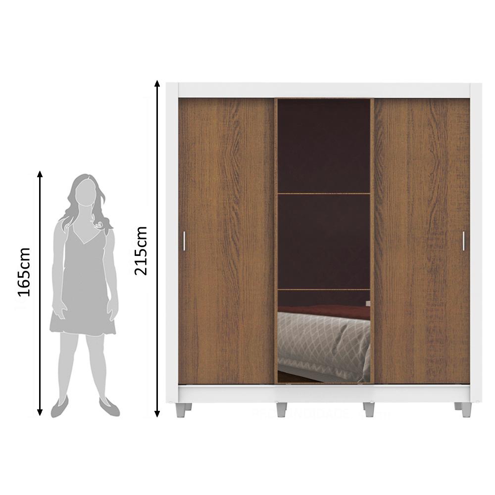Guarda Roupa Casal Madesa Lyon 3 Portas de Correr com Espelho 2 Gavetas com Pés - Branco/Rustic
