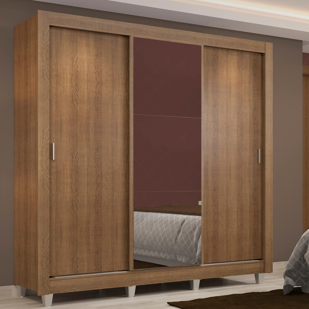 Guarda Roupa Casal Madesa Lyon 3 Portas de Correr com Espelho 2 Gavetas com Pés - Rustic