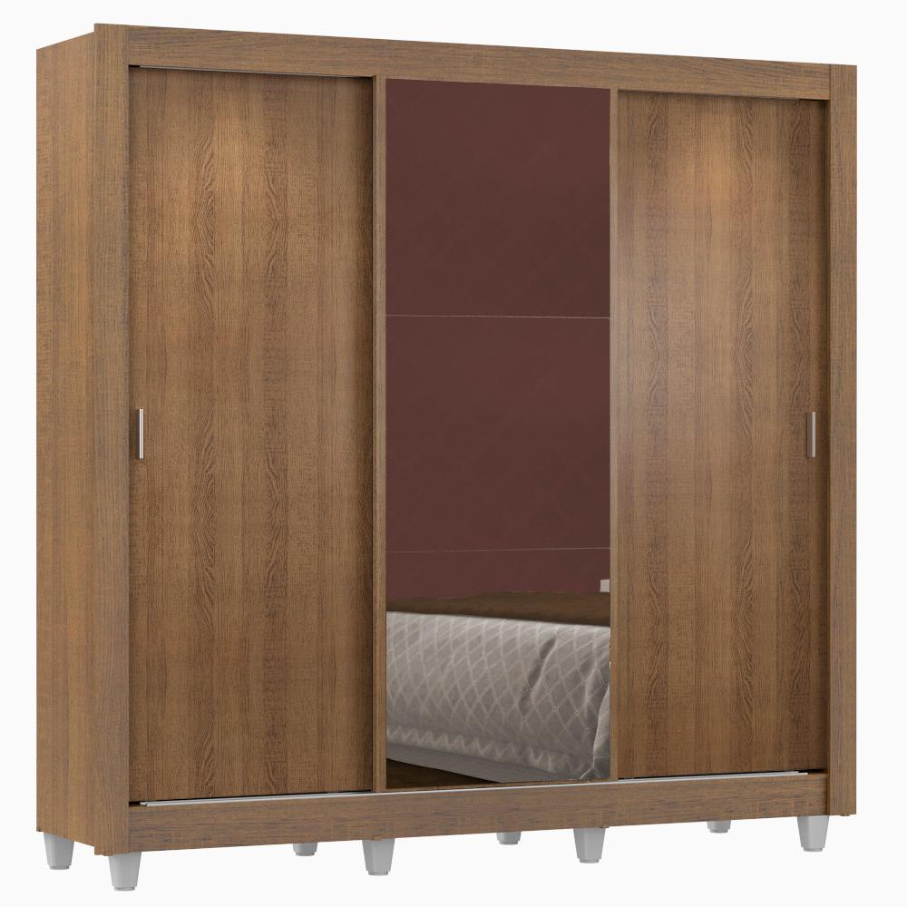 Guarda Roupa Casal Madesa Lyon 3 Portas de Correr com Espelho 2 Gavetas com Pés - Rustic