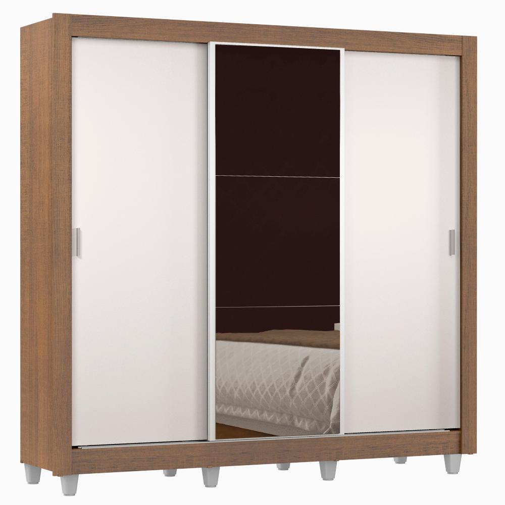 Guarda Roupa Casal Madesa Lyon 3 Portas de Correr com Espelho 2 Gavetas com Pés - Rustic/Branco