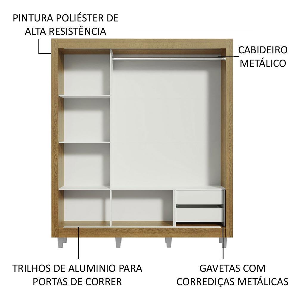 Guarda Roupa Casal Madesa Lyon 3 Portas de Correr com Espelho 2 Gavetas com Pés - Rustic/Branco