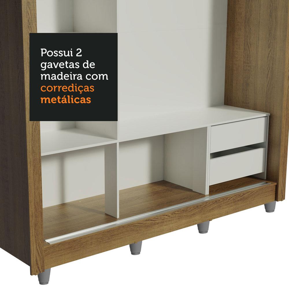 Guarda Roupa Casal Madesa Lyon 3 Portas de Correr com Espelho 2 Gavetas com Pés - Rustic/Branco