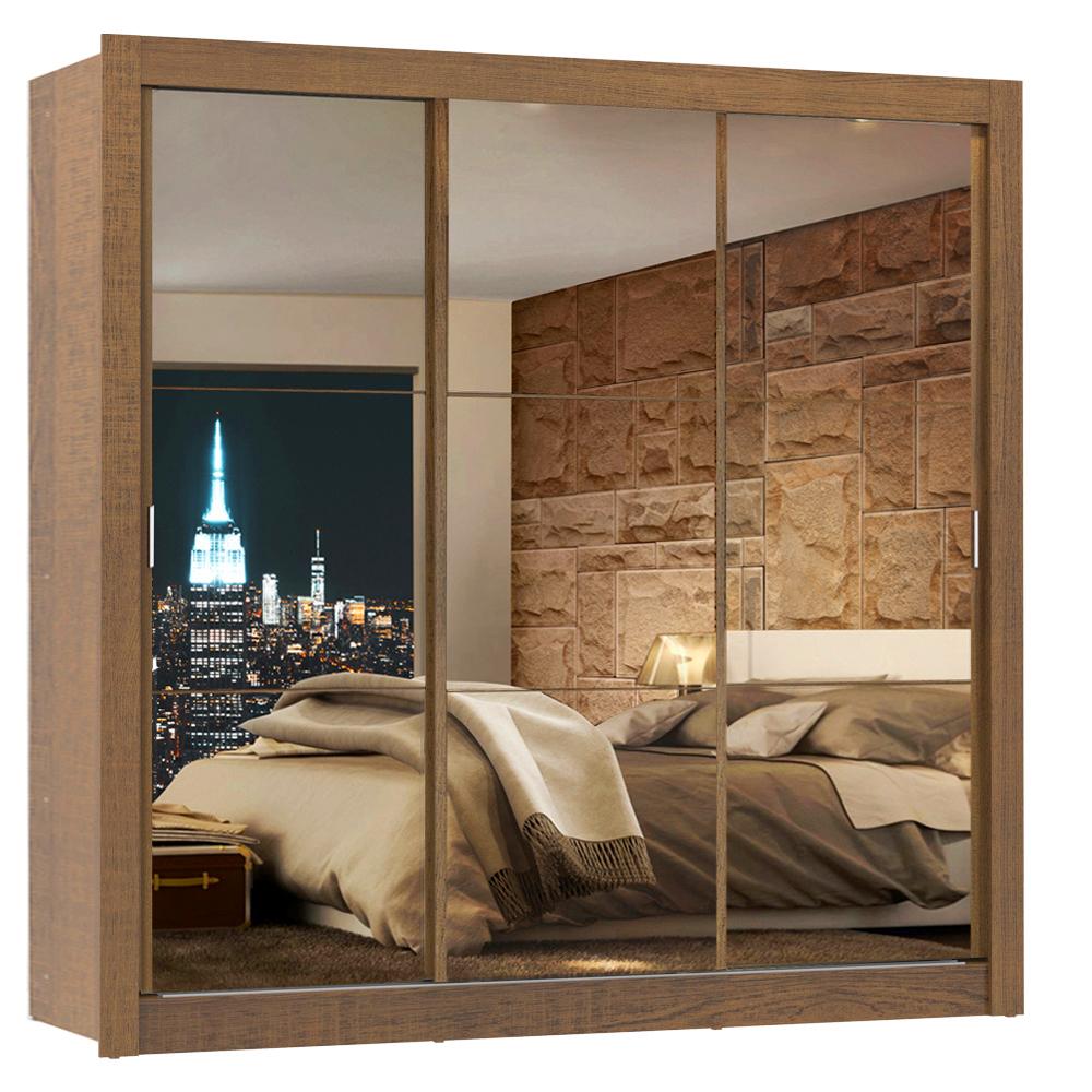 Guarda Roupa Casal Madesa Lyon 3 Portas de Correr de Espelho 2 Gavetas - Rustic