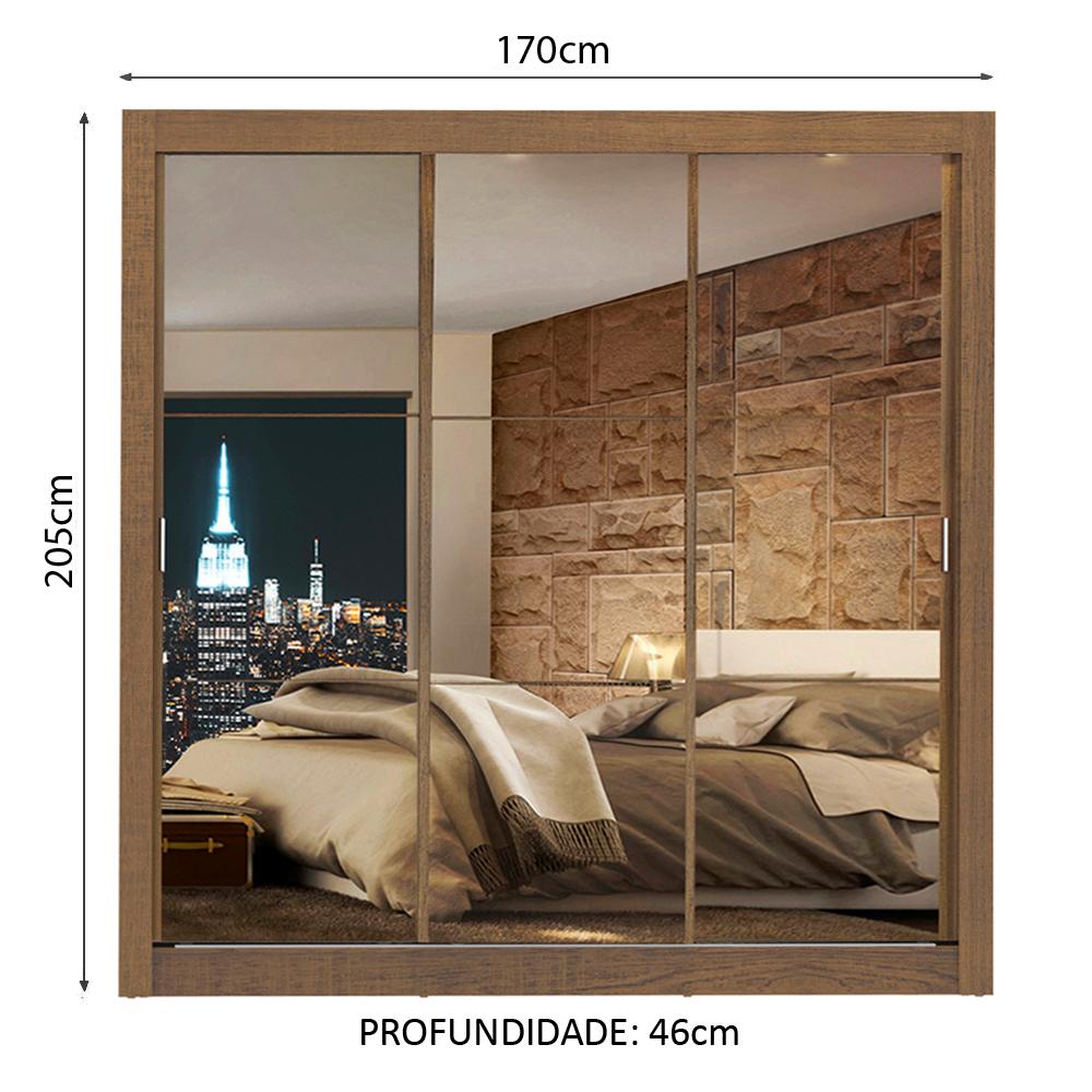 Guarda Roupa Casal Madesa Lyon 3 Portas de Correr de Espelho 2 Gavetas - Rustic