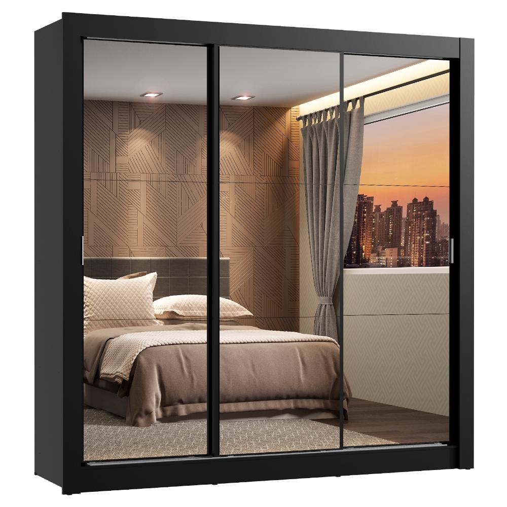 Guarda Roupa Casal Madesa Lyon 3 Portas de Correr de Espelho 2 Gavetas