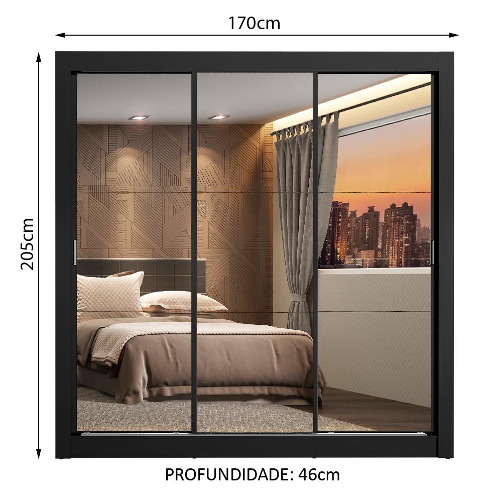Guarda Roupa Casal Madesa Lyon 3 Portas de Correr de Espelho 2 Gavetas