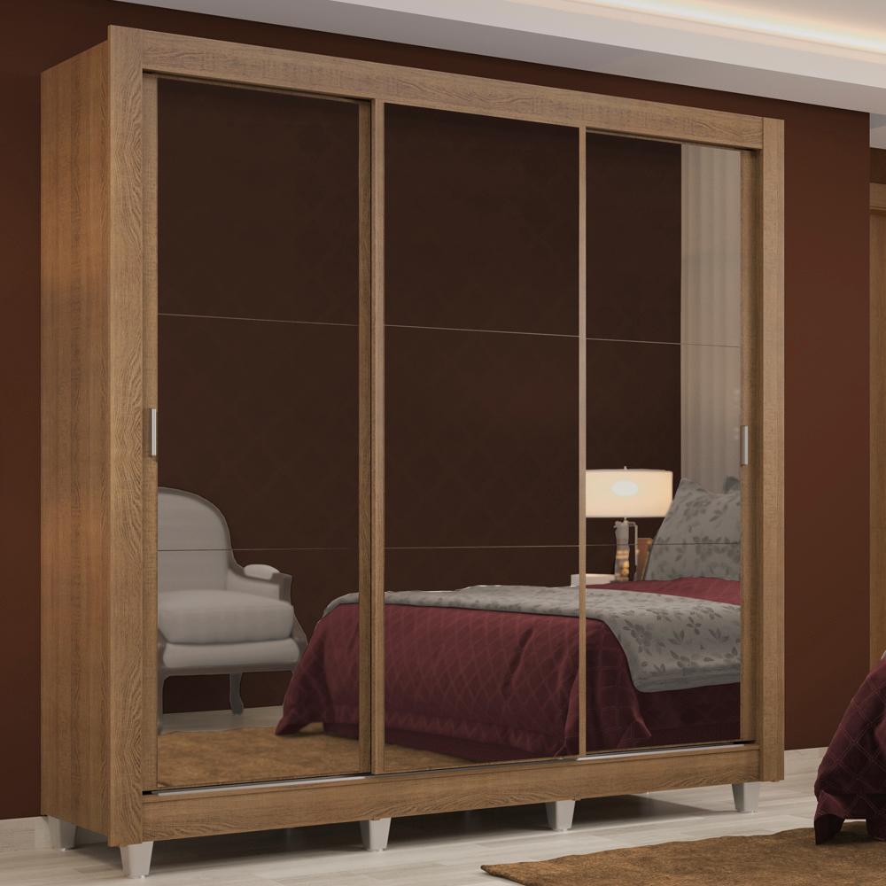 Guarda Roupa Casal Madesa Lyon 3 Portas de Correr de Espelho 2 Gavetas com Pés - Rustic