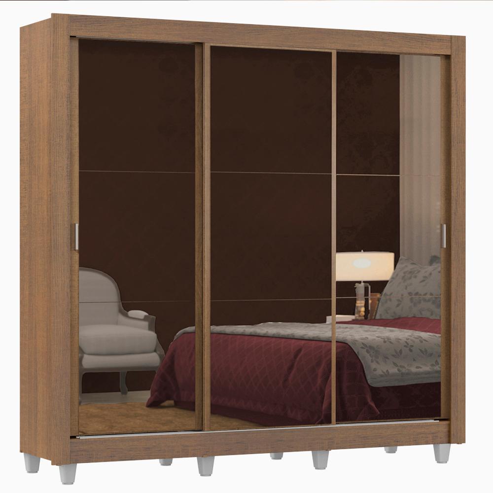 Guarda Roupa Casal Madesa Lyon 3 Portas de Correr de Espelho 2 Gavetas com Pés - Rustic