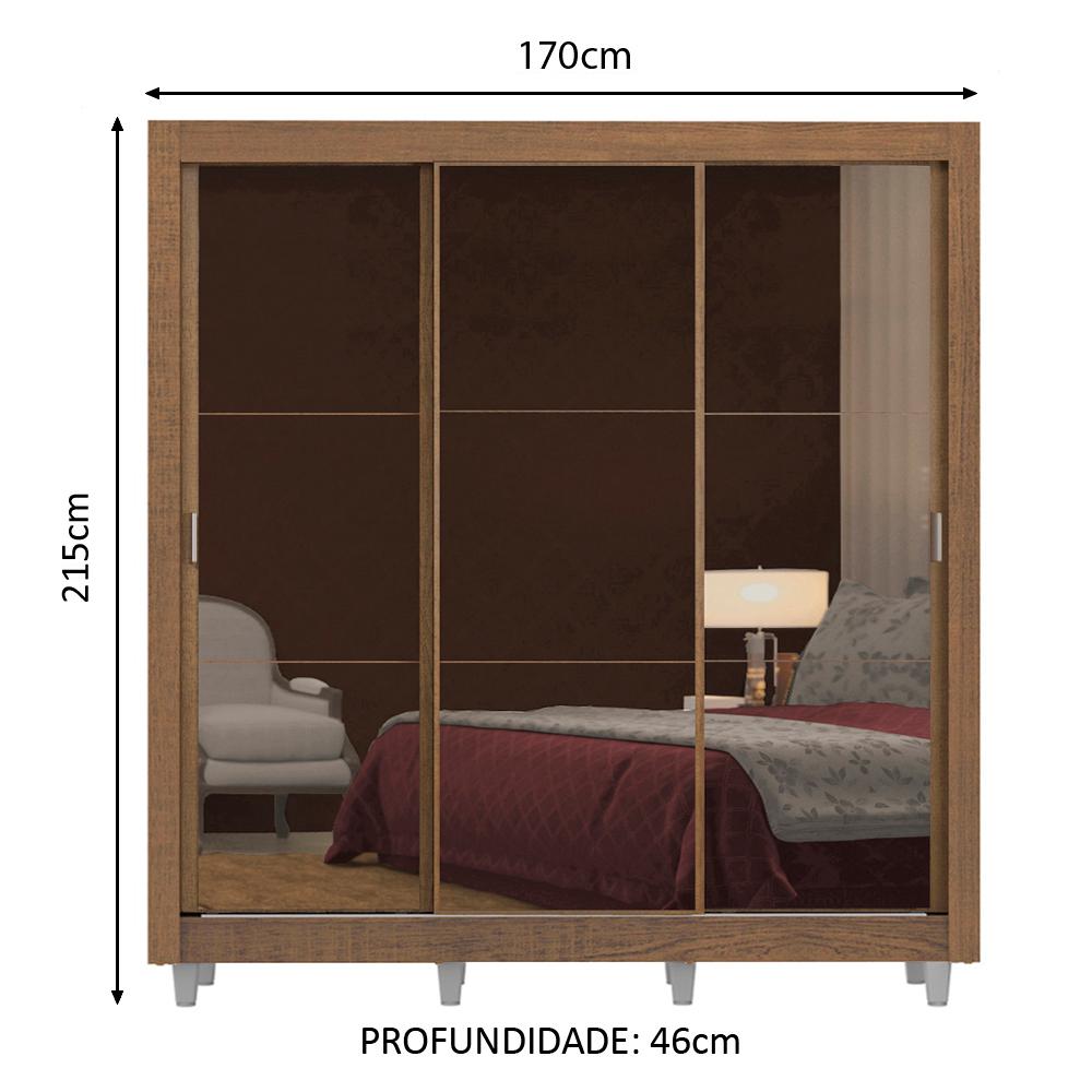 Guarda Roupa Casal Madesa Lyon 3 Portas de Correr de Espelho 2 Gavetas com Pés - Rustic