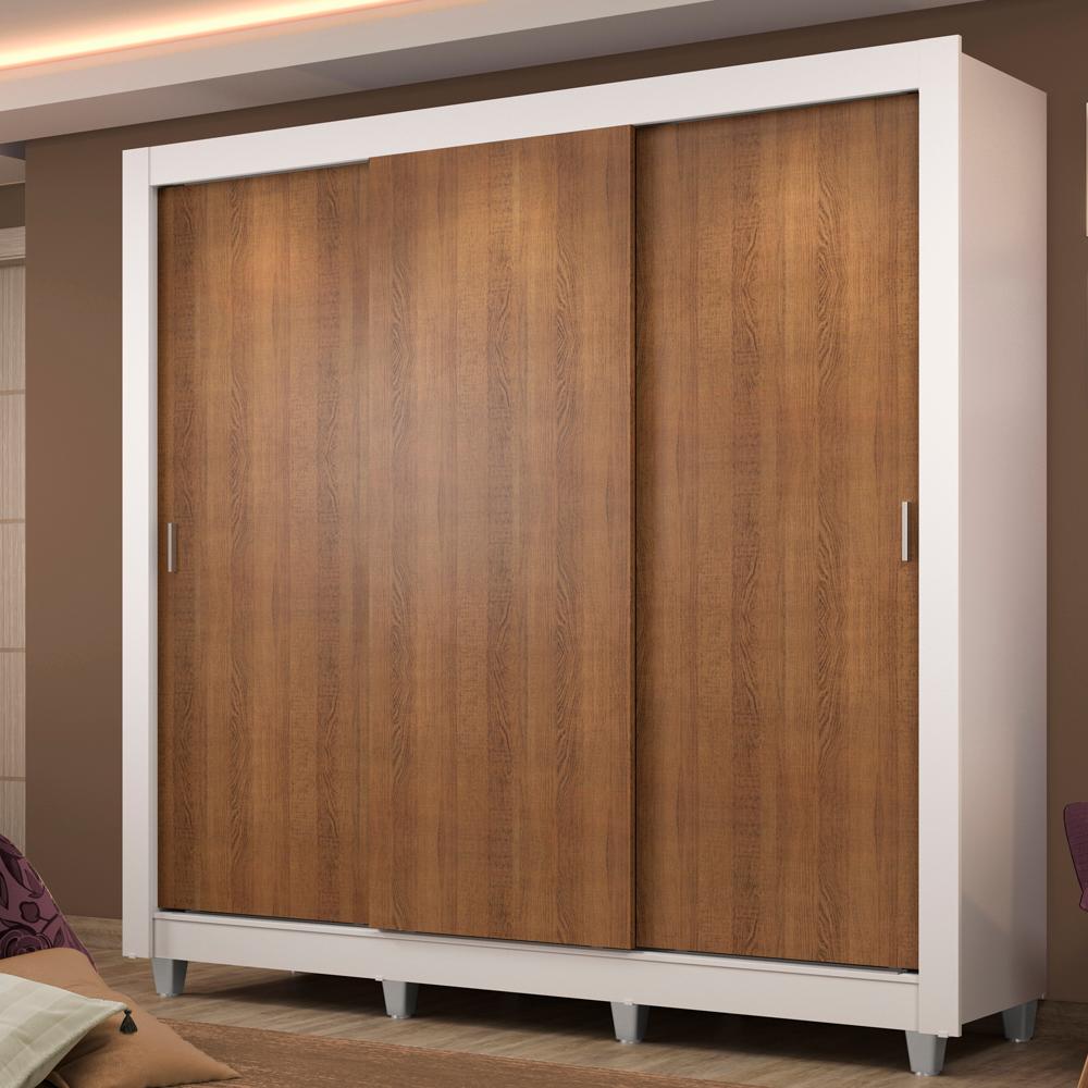 Guarda Roupa Casal Madesa Lyon Plus 3 Portas de Correr 4 Gavetas com Pés - Branco/Rustic