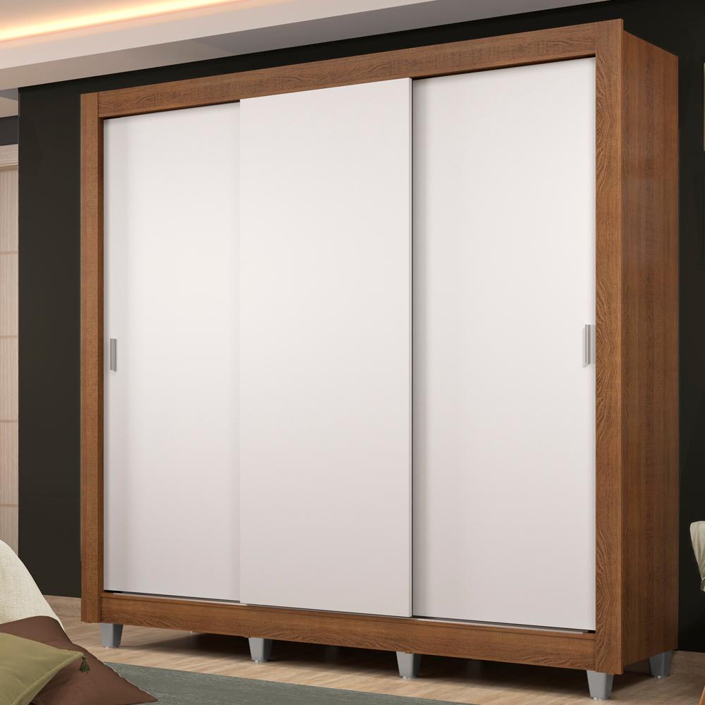 Guarda Roupa Casal Madesa Lyon Plus 3 Portas de Correr 4 Gavetas com Pés - Rustic/Branco