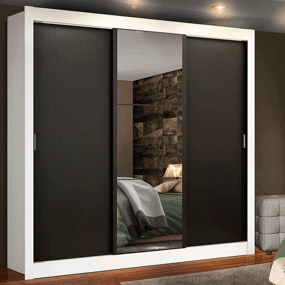 Guarda Roupa Casal Madesa Lyon Plus 3 Portas de Correr com Espelho 4 Gavetas - Branco/Preto