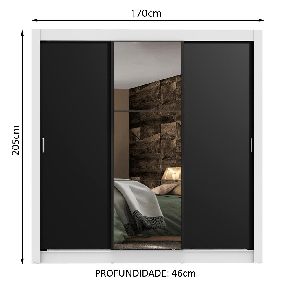 Guarda Roupa Casal Madesa Lyon Plus 3 Portas de Correr com Espelho 4 Gavetas - Branco/Preto