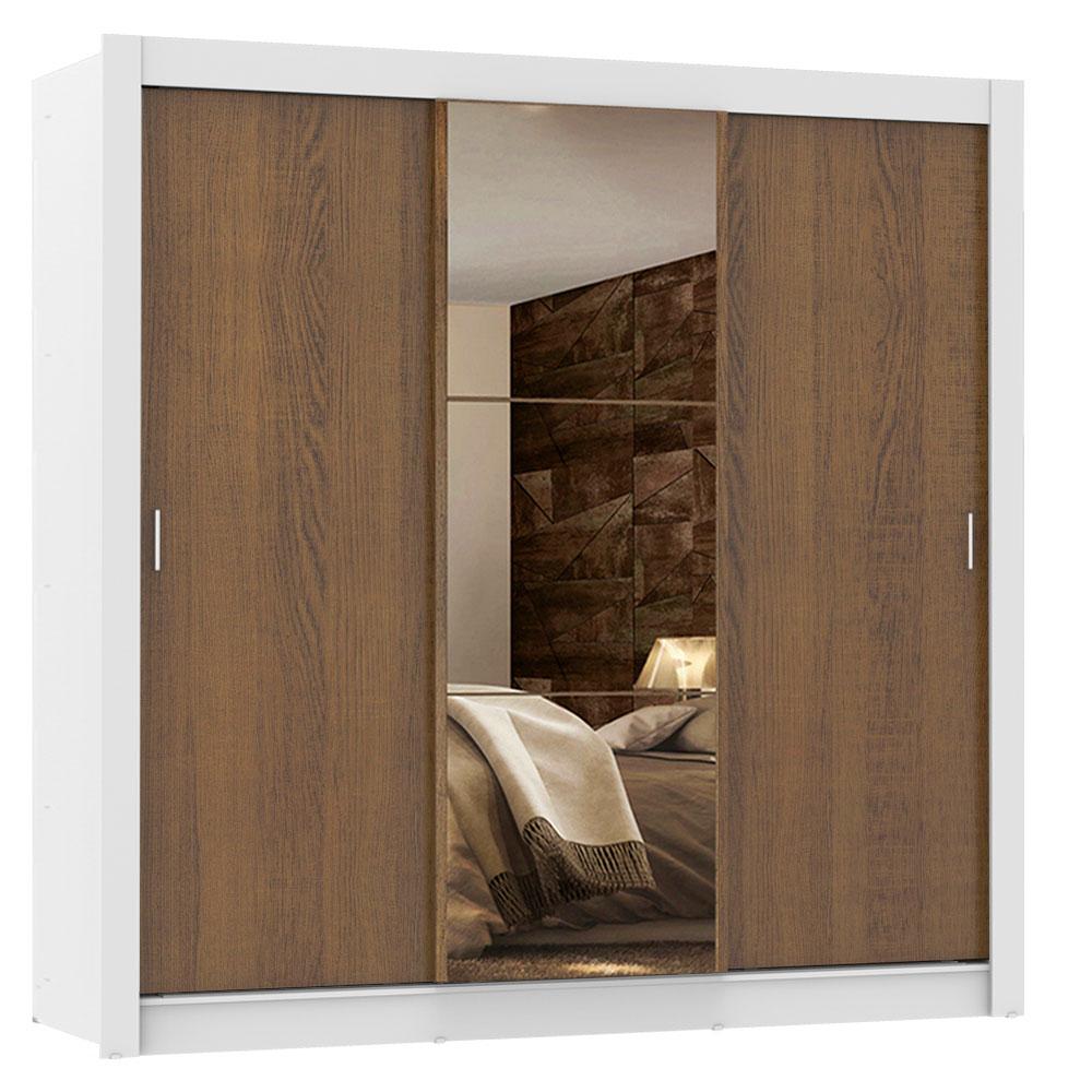 Guarda Roupa Casal Madesa Lyon Plus 3 Portas de Correr com Espelho 4 Gavetas - Branco/Rustic