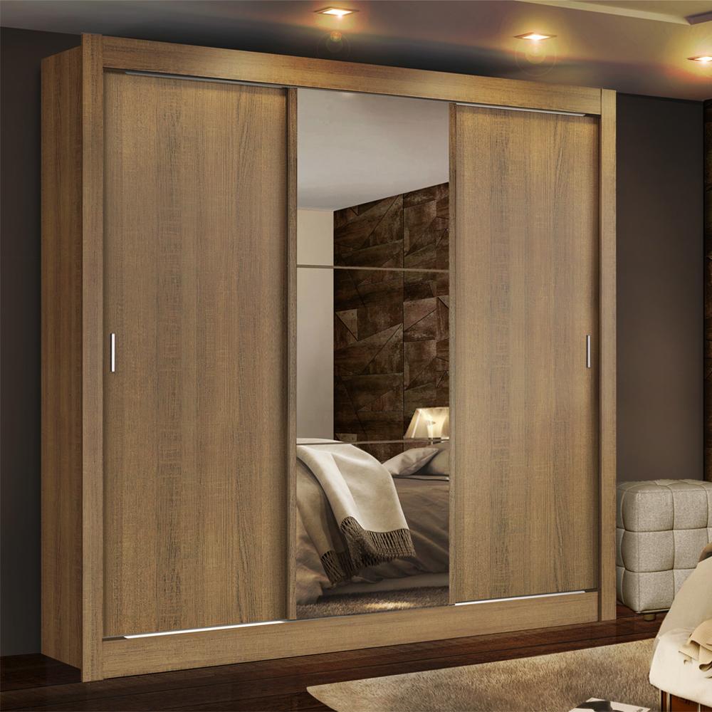 Guarda Roupa Casal Madesa Lyon Plus 3 Portas de Correr com Espelho 4 Gavetas - Rustic