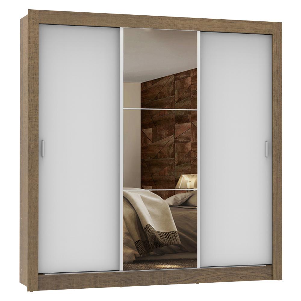 Guarda Roupa Casal Madesa Lyon Plus 3 Portas de Correr com Espelho 4 Gavetas - Rustic/Branco