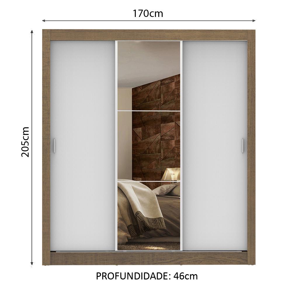 Guarda Roupa Casal Madesa Lyon Plus 3 Portas de Correr com Espelho 4 Gavetas - Rustic/Branco